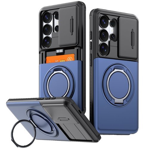 Dteck - Rugged Case for Samsung Galaxy S25 Ultra Shockproof Drop Protection Hidden Card Slot Ring Kickstand Sliding Camera Cover - Blue-Front_Standard 