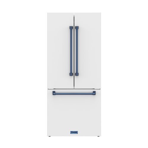 30 in. Wide Gordon Ramsay Series by Thor Kitchen 17.5 Cu. Ft. Counter Depth Refrigerator with Navy Blue Hardware - Matte White