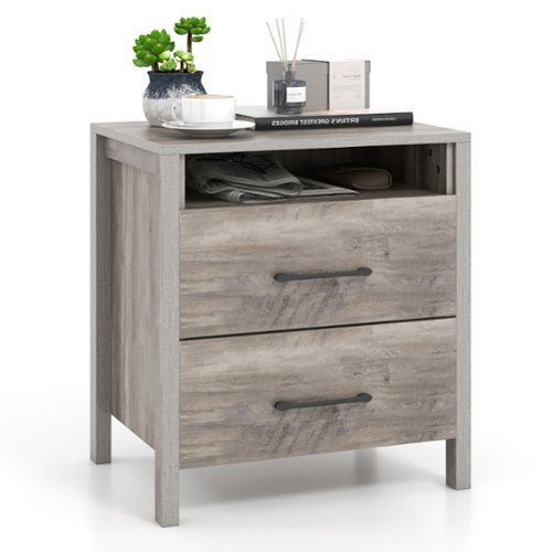 Costway - Nightstand with  2 Drawers Farmhouse Bed Side Table with  Open Storage Shelf - Gray