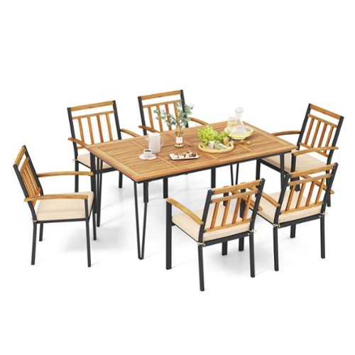 Costway - 7 PCS Patio Dining Set with Acacia Wood Dining Table Rattan Armchairs Soft Cushions - Natural + Black-Front_Standard 