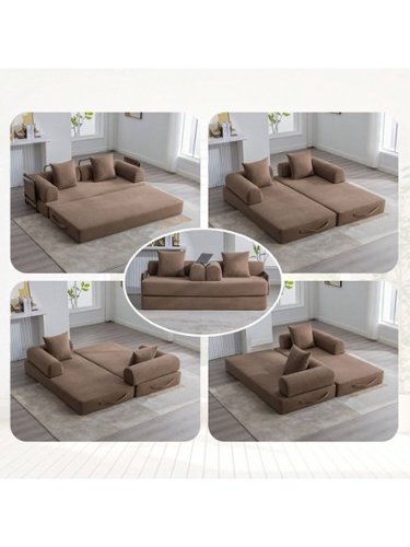 Trinkets Crazed - Convertible Sleeper Sofa Bed With 2 Pillows, 78.5" Corduroy Folding Mattress Couch With Fixed-Shape Frame - Brown-Front_Standard 