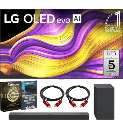 LG OLED evo AI  
WORLD'S No. 1 OLED TV FOR 12 YEARS  
PREMIUM OLED GS  
YEAR 5 LIMITED PANEL WARRANTY  

LG O DECO DECOGEAR ESSENTIALS  
CPS PREMIUM 26 MONTH  
CPS - 10 CPS  

TELEVISION PROTECTION HOME THEATER PREMIUM ESSENTIALS PLAN PROTECTION JP