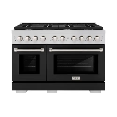 Front. ZLINE - ZLINE 48" Paramount Double Oven Dual Fuel Range with 8 Burners (SDR-BLM-48) - Satin Steel/Black Matte.