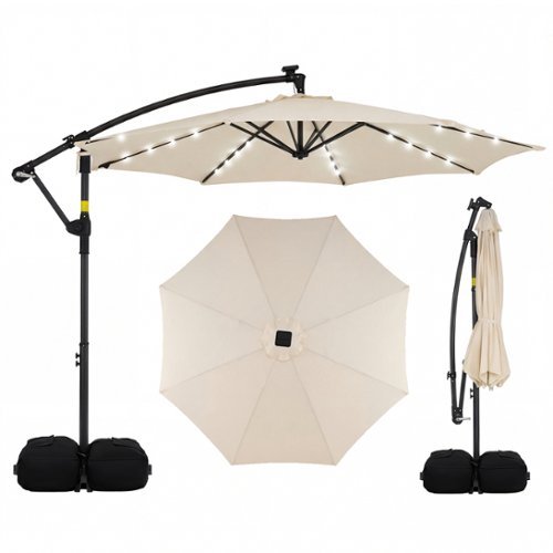 Costway - 10 FT Solar Offset Hanging Umbrella Patio Cantilever Umbrella with 32 LED Lights - Beige-Front_Standard 