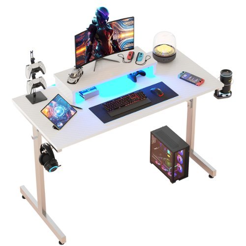 Bestier - 42-inch Gaming Desk with RGB Lights, Ergonomic Monitor Stand & Accessory Hooks - White Carbon Fiber-Front_Standard 