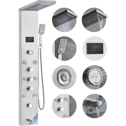 VEVOR - Shower Panel System, 6 Shower Modes, LED & Screen Hydroelectricity Shower Panel Tower,Rainfall,Waterfall, 8 Massage Jets - Silver-Front_Standard 