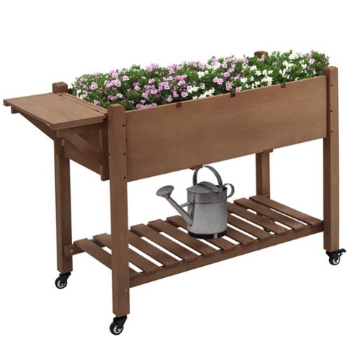 Outsunny - Raised Garden Bed with 8 Grow Grids, Wooden Outdoor Plant Box Stand with Folding Side Table and Wheels - Brown-Front_Standard 
