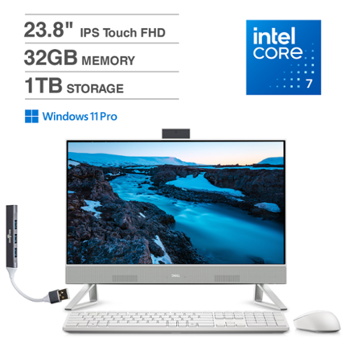 Dell - All-in-One 23.8 Touchscreen FHD Display (Intel Core 7 150U, 32GB, 1TB SSD, Win 11 Pro) w/USB Hub - White-Front_Standard 