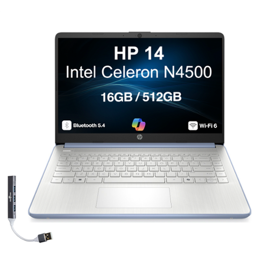 HP - Upgraded - 14 Laptop 14.0 HD (Intel Celeron N4500, 16GB DDR4, 512GB PCIe SSD, Intel UHD, Win 11 Pro) w/USB Hub - Sky Blue-Front_Standard 
