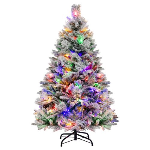 Costway - 4.5 FT Pre-Lit Snow Flocked Christmas Tree Hinged Xmas Tree with 8 Modes 160 Lights - Green/White