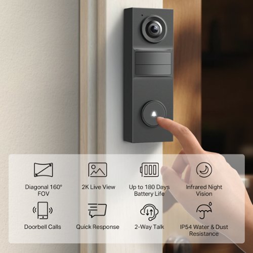 TP-Link Tapo Smart Live View 2K Video Doorbell with Ring Call, 160° FOV, Local and Cloud Storage - No Monthly Fees - Black WORLDWIDE DELIVERY