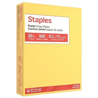 Staples - Pastel 30% Recycled Color Copy Paper, 20 lbs., 8.5" x 11", 500/Ream (14787) - Canary