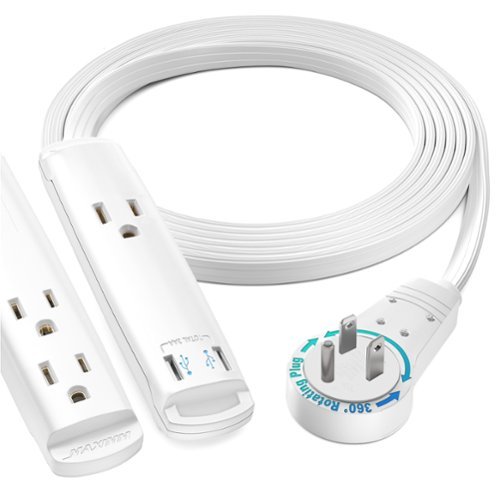 Maximm - Extension Cord with USB Ports 6FT, 360° Rotating Flat Plug, 3-Outlet with USB Ports (2 Ports), 3 Prong, UL Certified - White-Front_Standard 
