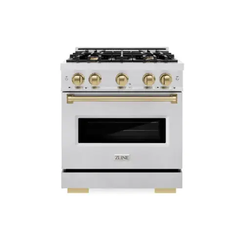 Front. ZLINE - ZLINE Autograph 30 in. Classic Satin Steel Gas Range w/ 4 Burners & Bronze Accents (CGRSZ-30-CB) - Stainless Steel.