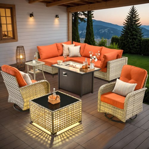 Ovios - 9 PCS Patio Furniture with 42" Fire Pit Table, Rattan Sectional Sofa with Swivel Chairs and Coffee Table - Coarse Orange Red-Front_Standard 