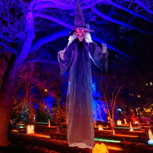 Costway - 6 FT Halloween Animatronic Witch Hanging Decoration with Red Eyes & Posable Arms