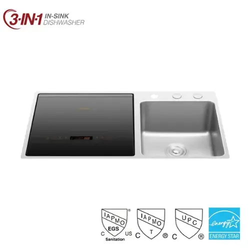 The text on the image reads: "3-in-1 Dishwasher P-3000 IAPMO IAPMO EGS  US T  R Sanitation UPC -energy C ENERGY STAR."