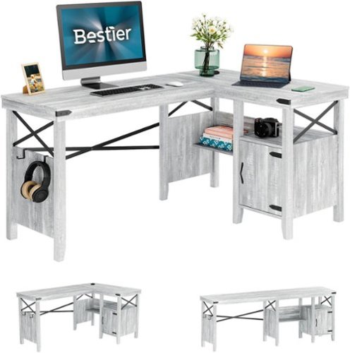 Bestier - Farmhouse L-Shaped Computer Desk with Storage Cabinet and Bookshelf - 60" Wide - Wash White