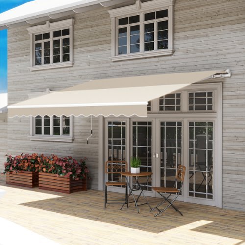 Outsunny - 12' x 10' Retractable Awning Patio Awnings Sun Shade Shelter with Manual Crank Handle, 280g/m² UV - Cream White-Front_Standard 