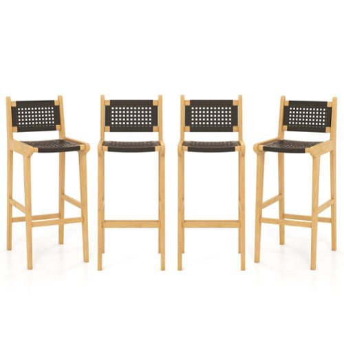 Costway 4 PCS 30" Teak Wood Bar Chair with Backrest & Footrest Bar Height Chair for Deck - Black + Natural