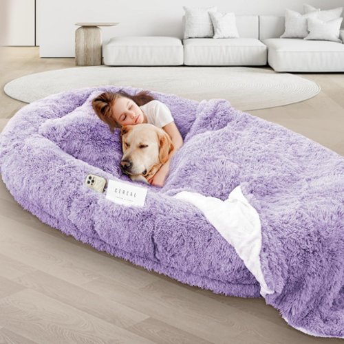 LOVMOR - Oversize Human Dog Bed Memory Foam Bed with Plump Pillow and Blanket - Purple-Front_Standard 