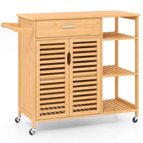 Costway - 35.5" Kitchen Island Cartwith Lockable Wheels Drawer Open Shelves Towel Bar - Natural-Front_Standard 