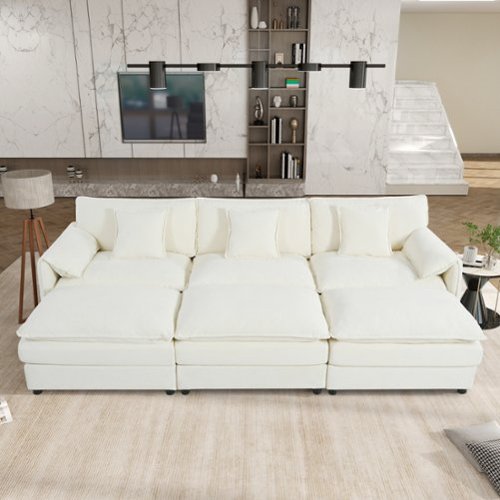 Anysun - Oversized Deep-Seat Sectional Cloud Sofa Sleeper with 3 Ottomans & Pillows - Modular Chenille Couch Bed for Living Room - Beige-Front_Standard 