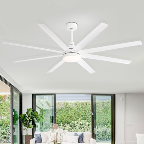 Breezary - 72" Large Indoor Ceiling Fan with Remote, 8 ABS Blades, 6-Speed DC Motor, Timer, 7''/12''Downrods, Light/No Light Option - Matte White (With Light)-Front_Standard 