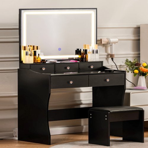 CloudRest Pro - Makeup Vanity Desk with 5 Drawers and Charging Station Vanity Table and Chair LED Mirror Stepless Dimmable - Black-Front_Standard 