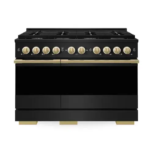 Front. ZLINE - Autograph 48 in. 6.7 cu. ft. Marino Dual Fuel Freestanding Range with 8 Gas Burners in Black Steel with Gold Accents - Black Stainless Steel.