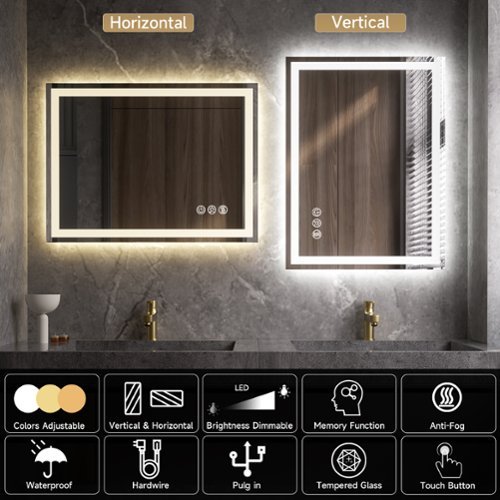 LOVMOR 20 x 28 Inches Tempered Glass LED Bathroom Mirror with Anti-Fog & 3-Color Dimmable Lighting - Silver GLOBAL SHIPPING