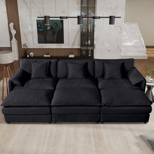 Anysun - Oversized Deep-Seat Sectional Cloud Sofa Sleeper with 3 Ottomans & Pillows - Modular Chenille Couch Bed for Living Room - Black-Front_Standard 