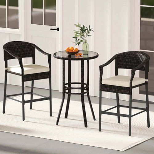 Costway 3 PCS Patio Rattan Bar Set Wicker Armchairs & Round Table with Tempered Glass Top - Mix Brown,Off White