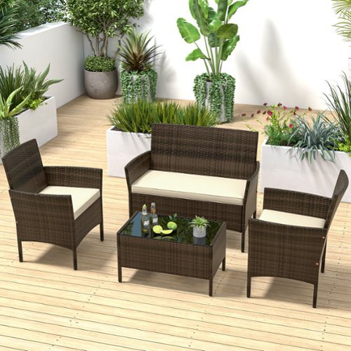 Costway 4 PCS Patio Furniture Set with Washable Cushions and Tempered Glass Coffee Table - Beige + Mix Brown
