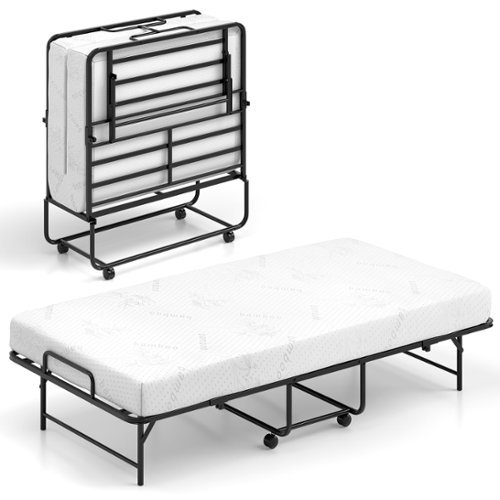 Gymax - 75'' x 38'' Folding Bed w/ Mattress Metal Slat Frame & Gel Memory Foam - Black, White-Front_Standard 