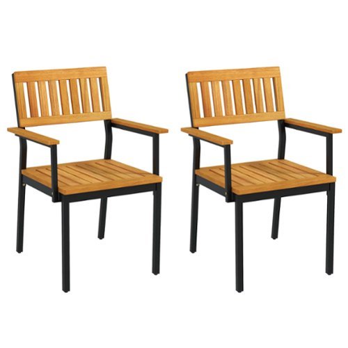 Costway Dining Chair Set of 2 with Acacia Wood Backrest Slanted Seat Comfortable Armrests - Natural + Black