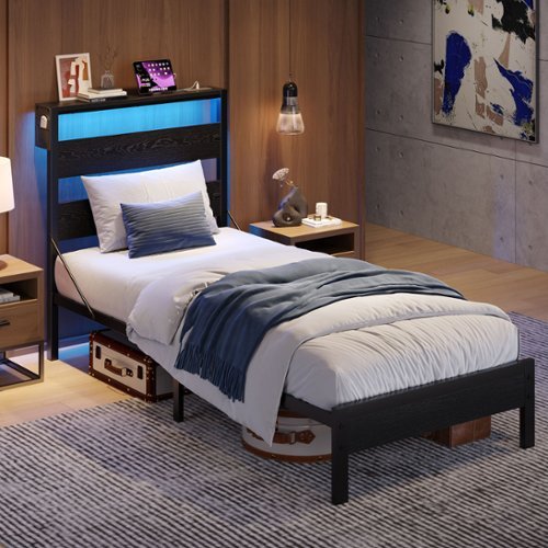 Bestier Twin Platform Bed Frame with Storage Headboard, LED Lights, and USB Charging Station - Black