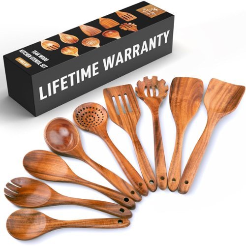 Zulay Kitchen - 9-Piece Teak Wooden Utensils for Cooking - Smooth Finish Natural Teak Utensil Set - Brown-Front_Standard 