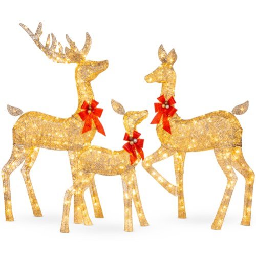 Best Choice Products - 3-Piece Lighted Christmas Deer Set Outdoor Yard Decoration w/ 360 LED Lights, Stakes - Gold-Front_Standard 