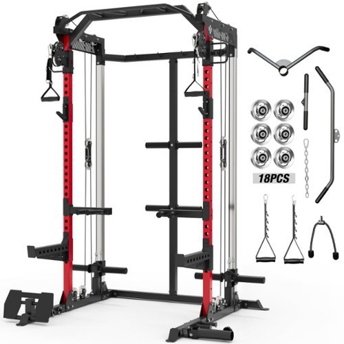 Mikolo - Power Rack Cage, Weight Rack,Multi-Function Squat Rack with J Hooks,Dip Bars and Landmine - Red-Front_Standard 