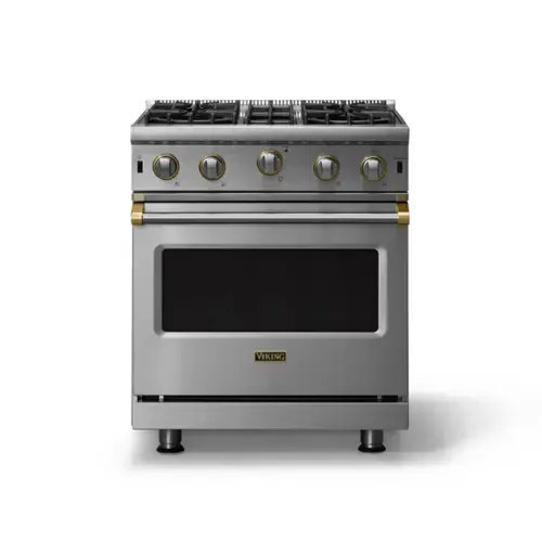 Front. Viking - 30"W. 4.0 Cu. Ft. Freestanding Self-Clean Open Burner Gas Convection Range - Stainless Steel w. Brushed Brass Trim - Stainless steel.