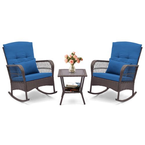 Costway - 3 PCS Patio Rocker Set Outdoor Wicker Rocking Chairs with Double-Layer Coffee Table - Navy-Front_Standard 