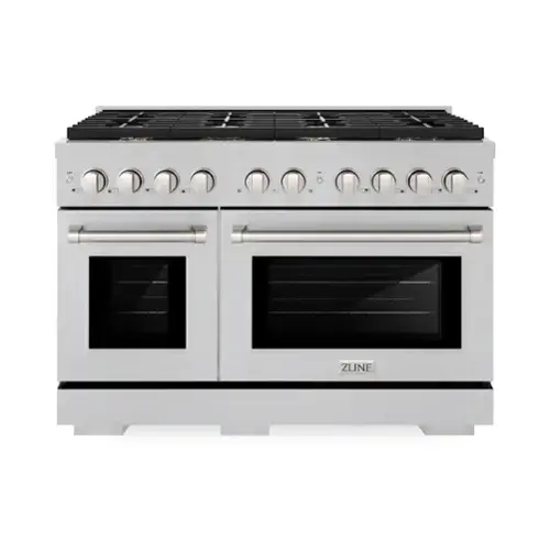 Front. ZLINE - ZLINE 48 in. Paramount Double Oven Dual Fuel Satin Steel Range w/ 8 Brass Burners (SDRS-BR-48) - Stainless Steel.