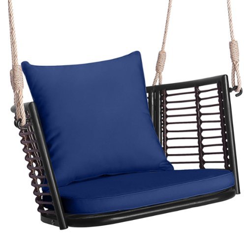 Costway - Patio Hanging Rattan Basket Chair Swing Hammock Chair with Seat Cushion - Mix Brown + Navy-Front_Standard 