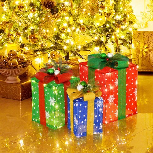 Costway 3 PCS Christmas Gift Box Decoration Indoor Outdoor with 52 Pre-lit LED Lights