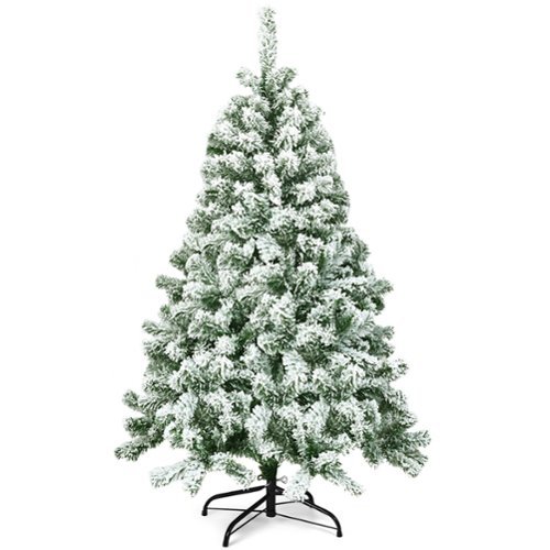Costway - 4.5FT Artificial Hinged Christmas Tree Snow Flocked Pine Tree  w/400 Tips and Foldable Base - Green/White