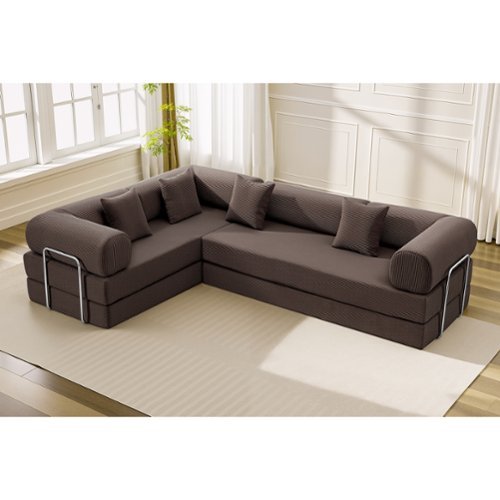 KERDOM - Upholstered L Shaped Modular Sofa Bed with Chaise, Corduroy Folding Floor Convertible Sofa Couch Bed for Living Room - Coffee-Front_Standard 