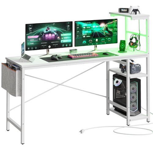 Bestier 61" Gaming Desk with Power Outlets LED 4-Tier Reversible Shelves Headset Hook - White