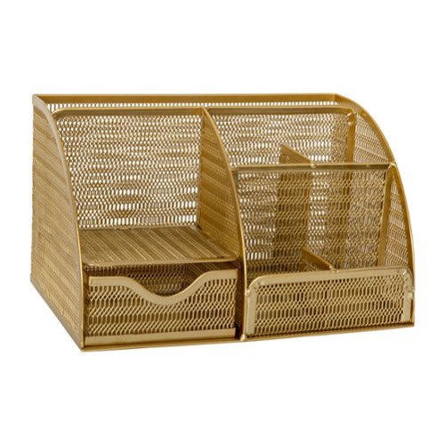 Martha Stewart - Ryder Premium Mesh Metal Small Desktop Organizer With Drawer - Gold-Front_Standard 