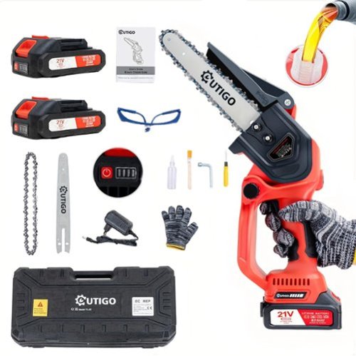 OUTIGO - 8 inch Electric Chainsaw with 2 * 21V Batteries, Mini Cordless Electric Chainsaw 800 W for Tree Trimming - Red-Front_Standard 